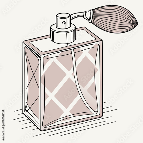 Illustration of a vintage perfume bottle with a bulb atomizer, , ideal for representing classic fragrances and elegant beauty in a minimalist style