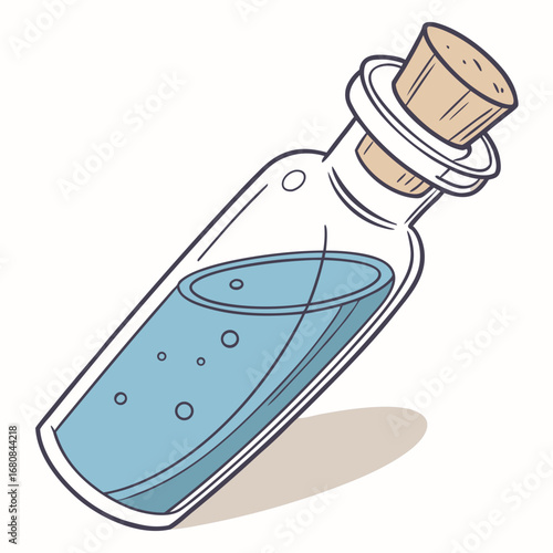 Illustration of a vintage potion bottle with blue liquid and cork stopper perfect for magic, science, or retro themed projects