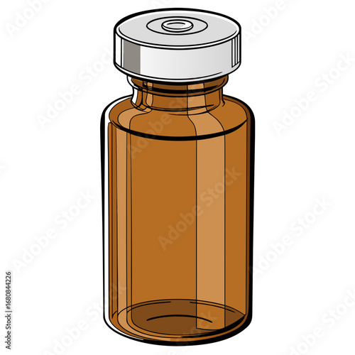 Illustration of an amber glass vial with a silver cap, , representing medicine, vaccine, or pharmaceutical products for healthcare and treatment