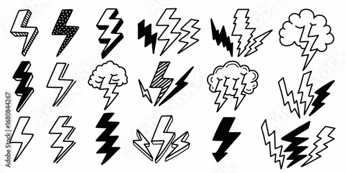 Thunder and Lightning doodles vector set. Hand drawn doodle sketch style. Electric flash energy bolt icon