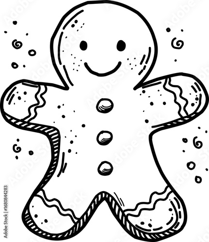 Hand-Drawn Smiling gingerbread man cookie with decorative icing and festive details on transparent background, Line art
