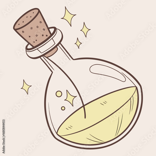 Vector art of cartoon illustration of a potion bottle with yellow liquid, stars, and a cork stopper, perfect for fantasy, magic, and witchcraft themes, , with a vintage and whimsical style