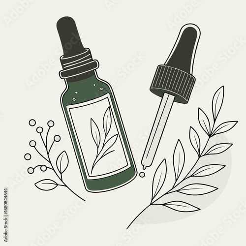Vector art of minimalist illustration of essential oil bottle and dropper with botanical accents, ideal for natural skincare, aromatherapy, and wellness themes, conveying organic beauty and health