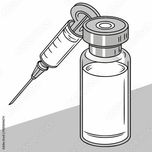 Vector art of monochrome illustration of a syringe and vial, representing vaccination, medical treatment, and healthcare, symbolizing disease prevention, health research, and pharmaceutical solutions
