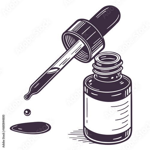 Vector art of vintage style illustration of a dropper and bottle, , representing medicine, essential oils, and natural remedies, with a retro and artistic design