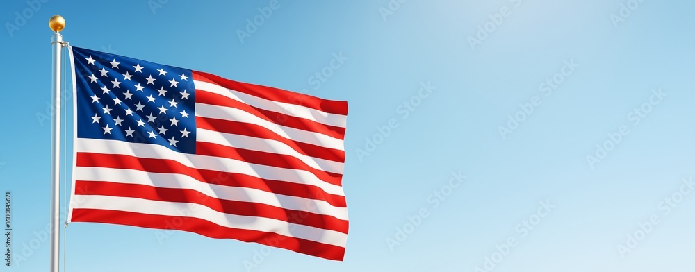 Fototapeta premium Waving national flag with stars and stripes on pole against blue sky background with copyspace for patriotic graphic design and promotion concepts.