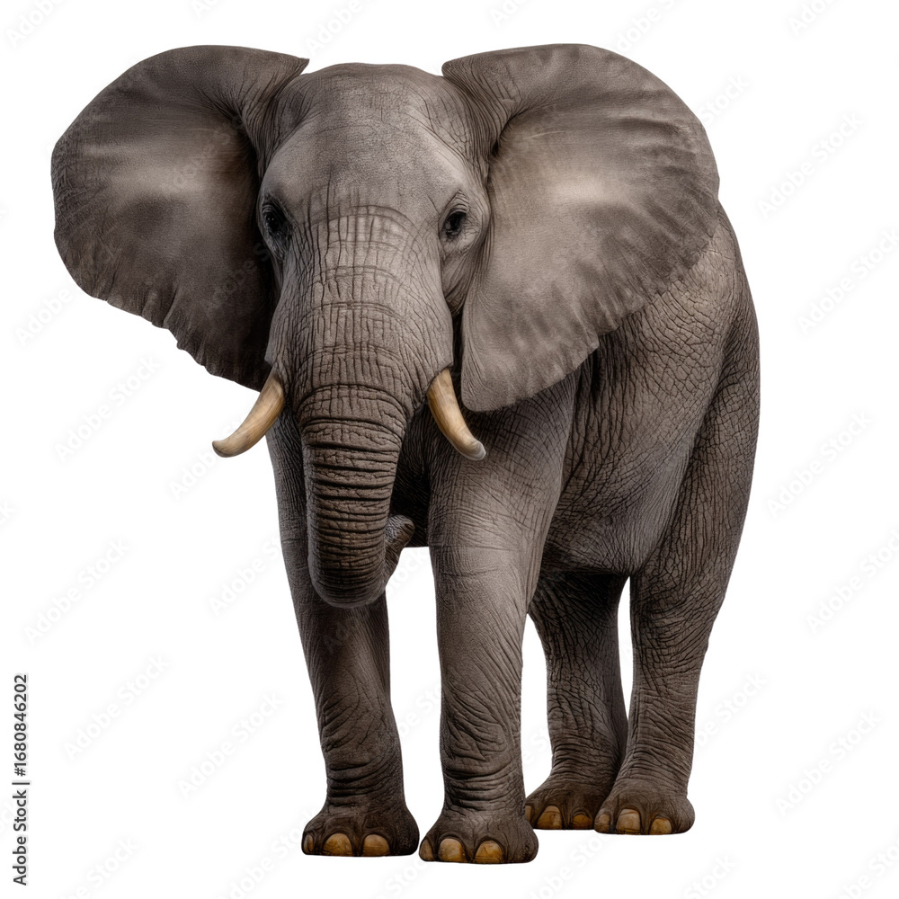 Obraz premium Majestic African Elephant Standing Gracefully Against a White Background in High Resolution Photography