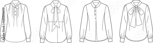 Women’s blouse vector illustration, four styles, high neckline, bow tie blouse, classic shirt collar, fashion flat sketch, apparel CAD drawing, clothing template, black and white line art