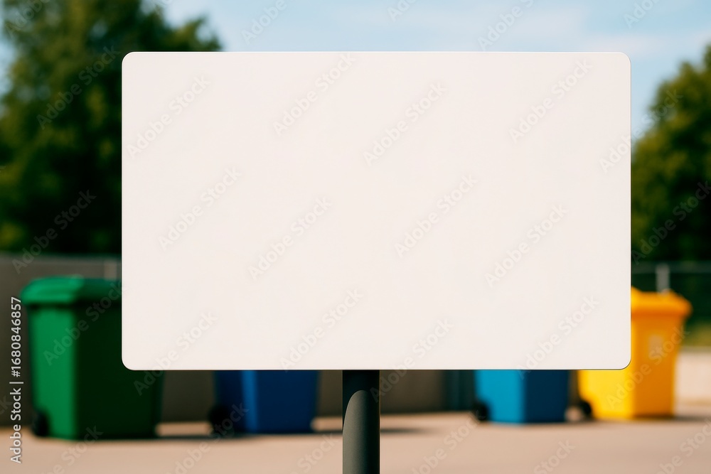 Fototapeta premium Blank white signboard mockup with rounded corners on a pole, standing outdoors near colorful bins on a bright sunny day background. Ai generative