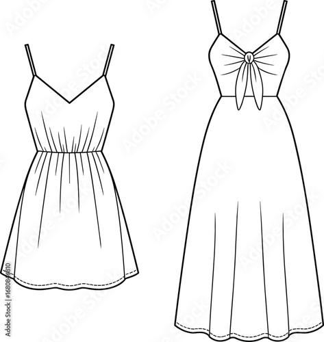 Sleeveless dress vector illustration, short scalloped hem dress, long knotted bust dress, fashion flat sketch, apparel CAD drawing, clothing template, black and white line art