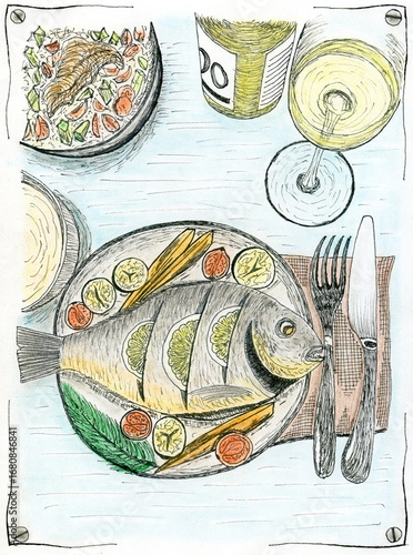  Hand-Drawn Sketch of Grilled Fish Meal with Wine