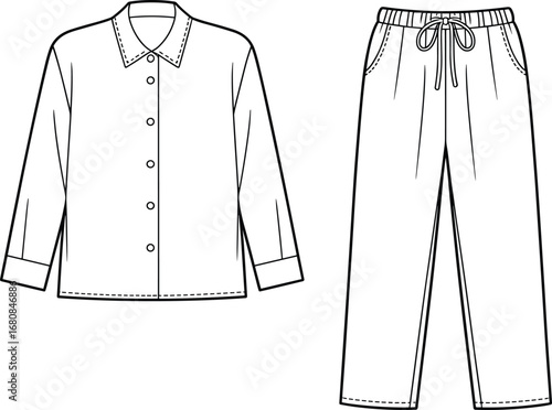 Two‑piece clothing set vector illustration, long sleeve button shirt, drawstring pants with pockets, fashion flat sketch, apparel CAD drawing, clothing template, black and white line art
