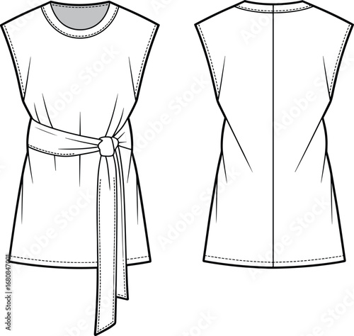 Sleeveless tunic top vector illustration, front and back view, round neckline, belted waist, fashion flat sketch, apparel CAD drawing, clothing template, black and white line art
