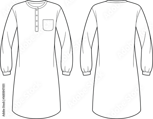 Long sleeve tunic vector illustration, front and back view, round neckline, button placket, chest pocket, fashion flat sketch, apparel CAD drawing, clothing template, black and white line art