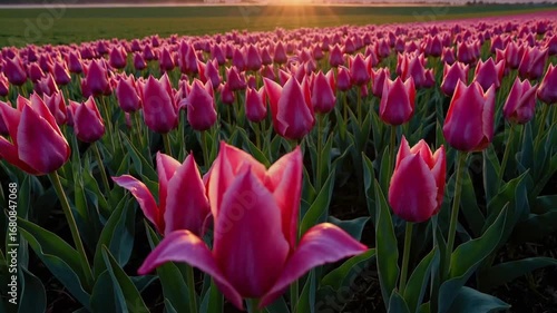 Gorgeous and Soft Sunrise Illuminating the Rows of Pink Tulips in Flower Farm with Distant Mountain