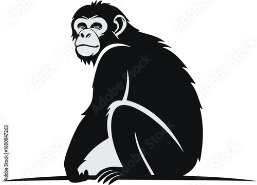 Chimpanzee Monkey Vector Logo in Black and White, Clean and Minimalist Design, Ideal for Wildlife Branding, Creative Illustration, and Modern Animal Identity
