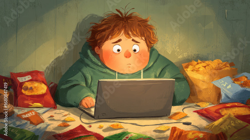 Wallpaper Mural An overweight child looking at a screen with a concerned expression, surrounded by food wrappers Torontodigital.ca