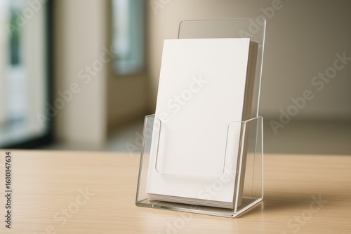 Empty blank flyers in transparent acrylic display stand on wooden desk with soft-focus interior background, minimal business concept scene. Ai generative