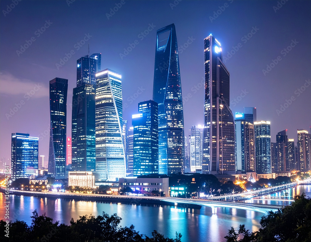 Obraz premium Modern city skyline at night with illuminated skyscrapers reflecting in water