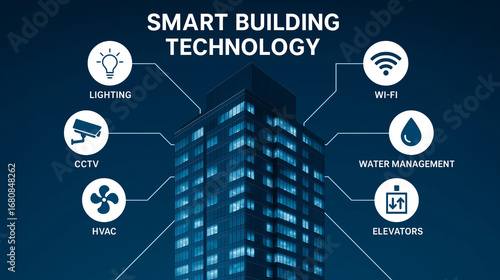 Smart building technology infographic showing lighting wifi cctv water management hvac elevators digital innovation energy efficiency and automation concept