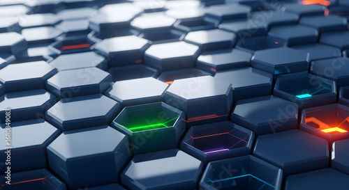Dynamic abstract hexagonal pattern with glowing neon lights, perfect for futuristic tech and data visualization concepts.