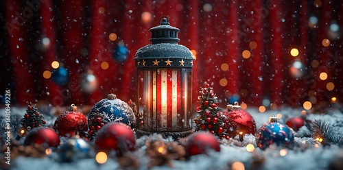 American flag lantern with Christmas ornaments in snow image