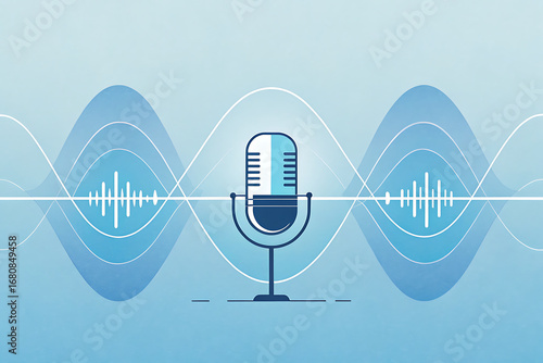 Dynamic podcast microphone with soundwaves, perfect for audio recording, broadcasting, and creative content creation