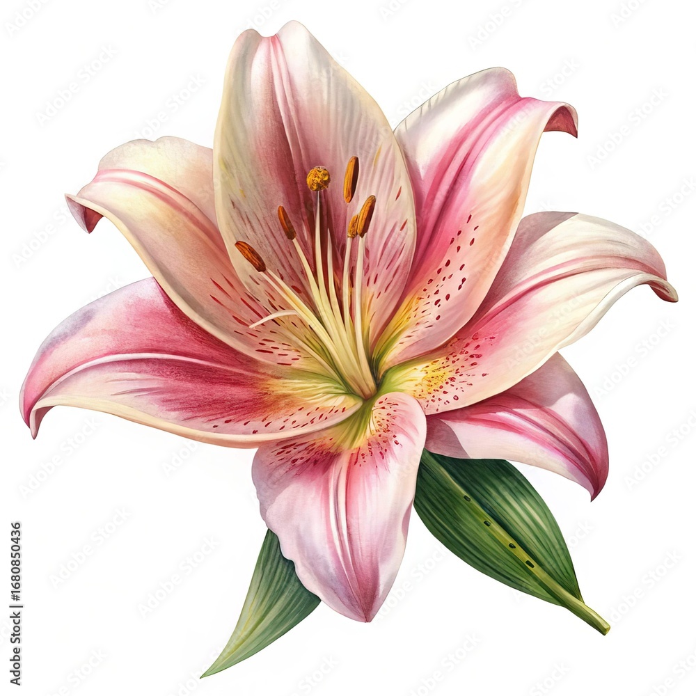 Naklejka premium Elegant watercolor painting of a pink lily flower with detailed stamen