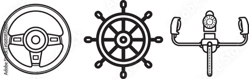 Different Controls Line art. Airplane yoke, car and ship steering wheel