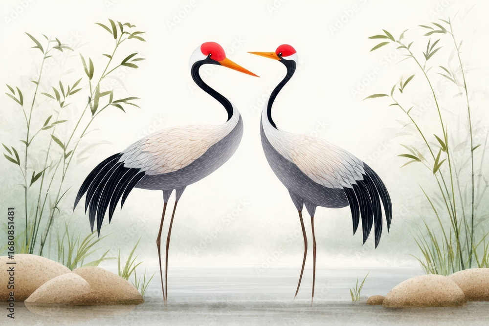 Fototapeta premium Two graceful cranes standing by a tranquil pond amid lush bamboo