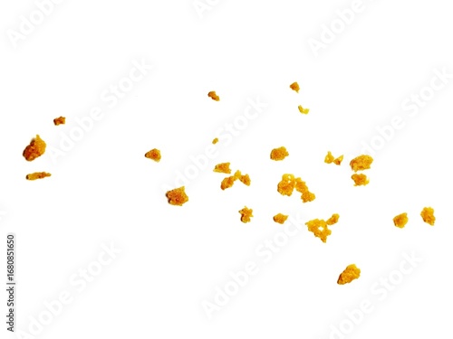 Bild auf Leinwand crispy fried flour crumbs flying on an isolated white background, for design, fried chicken