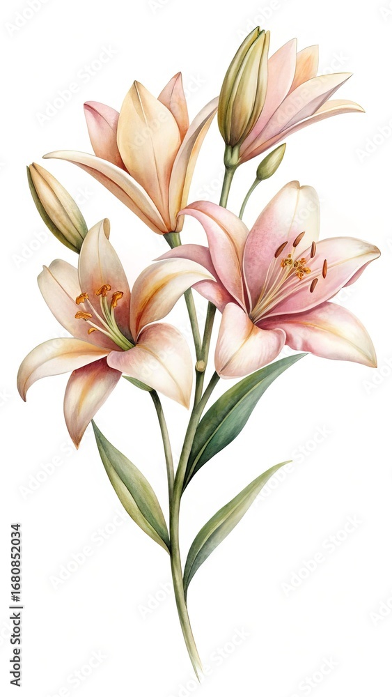 Naklejka premium Elegant watercolor painting of several lilies in pastel pink and peach tones