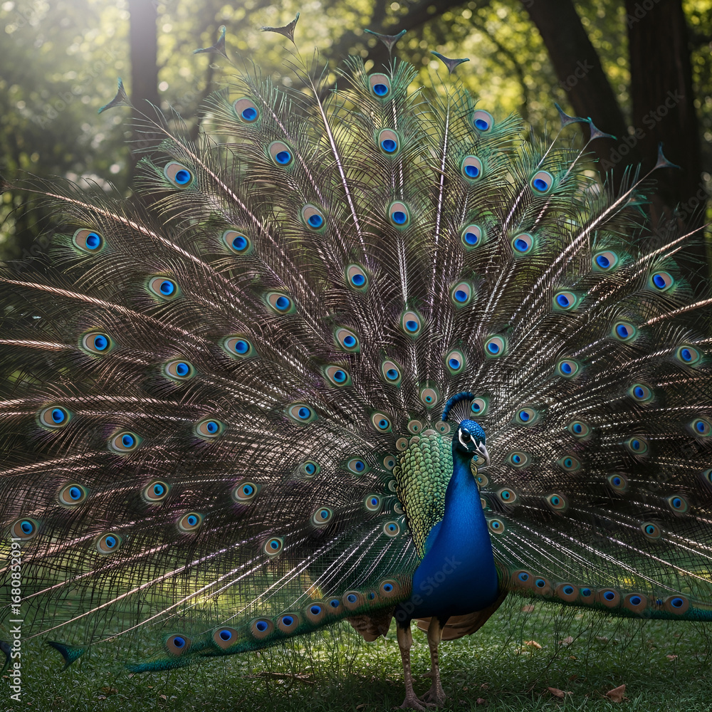 Fototapeta premium Majestic peacock displaying its vibrant plumage in a lush green forest on a sunny day