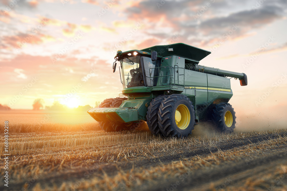 Fototapeta premium Farm harvester working in a field during a golden sunset