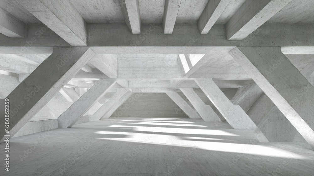 Obraz premium Abstract concrete structure with geometric beams and sunlight creating shadows architecture
