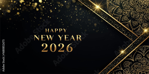 Elegant happy new year 2026 greeting with golden ornamental details and sparkling lights on a black background, celebrating the upcoming year with a festive and luxurious design