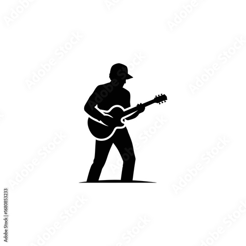 A stylized figure plays an acoustic guitar while walking.