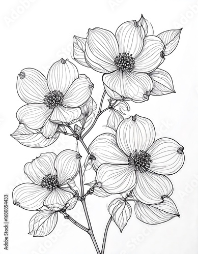 Detailed botanical illustration of a magnolia flower branch in elegant black lines against a pristine white background.