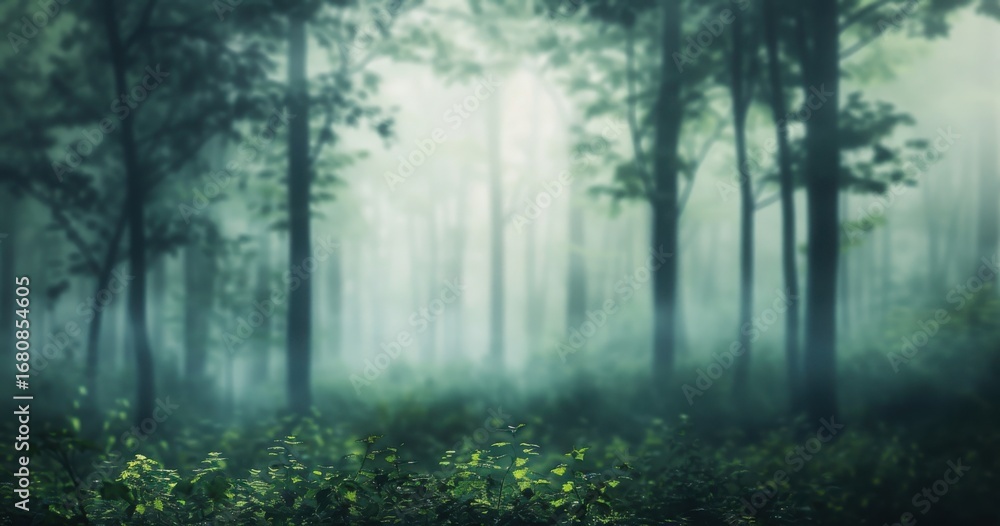 Fototapeta premium Misty Forest Morning With Soft Green Grass and Wildflowers Gently Swaying in the Breeze