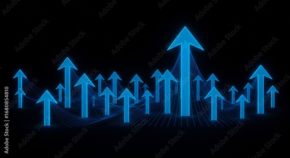 Naklejka premium Blue glowing arrows pointing upwards against a black backdrop