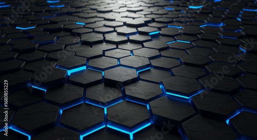 Angled view of dark grey hexagonal tiles with blue glowing edges Tiles are arranged in a grid-like pattern