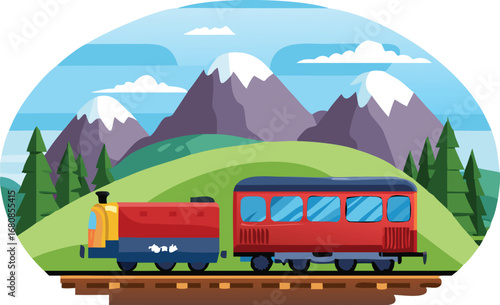 A train travels through mountainous terrain, with majestic peaks rising in the background