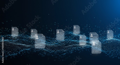 Abstract composition Documents with silhouette icons Blurry dark blue background Dotted light-wave pattern Connected dots