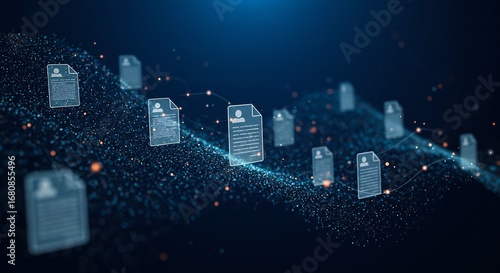 Digital resumes float in a blue-lit space  Connected by lines they form a wave-like pattern