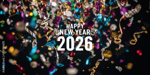 Dynamic new year 2026 party with falling confetti and streamers, creating a vibrant and energetic atmosphere for celebration