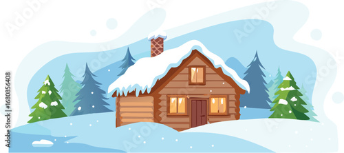 Winter house surrounded by snow and fir trees, set against a white background