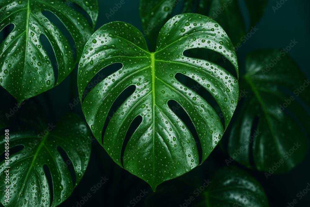 Obraz premium Close-up of wet monstera leaf with raindrops and natural shine on dark tropical jungle background in high detail, green foliage concept photo. Ai generative