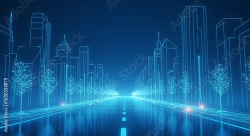 A neon blue stylized city street Buildings are outlined in lines Trees with glowing nodes line the street