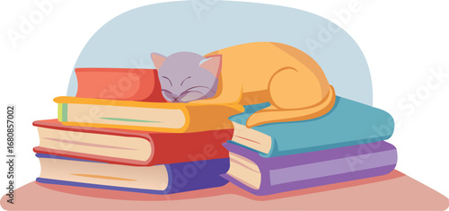 A cat peacefully sleeping on a stack of colorful books, creating a cozy and serene reading atmosphere