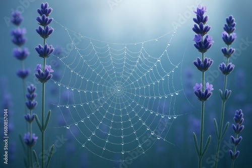 Dew-covered spider web among lavender plants with soft morning light in ethereal blue background, evoking peaceful abstract nature scene. Ai generative